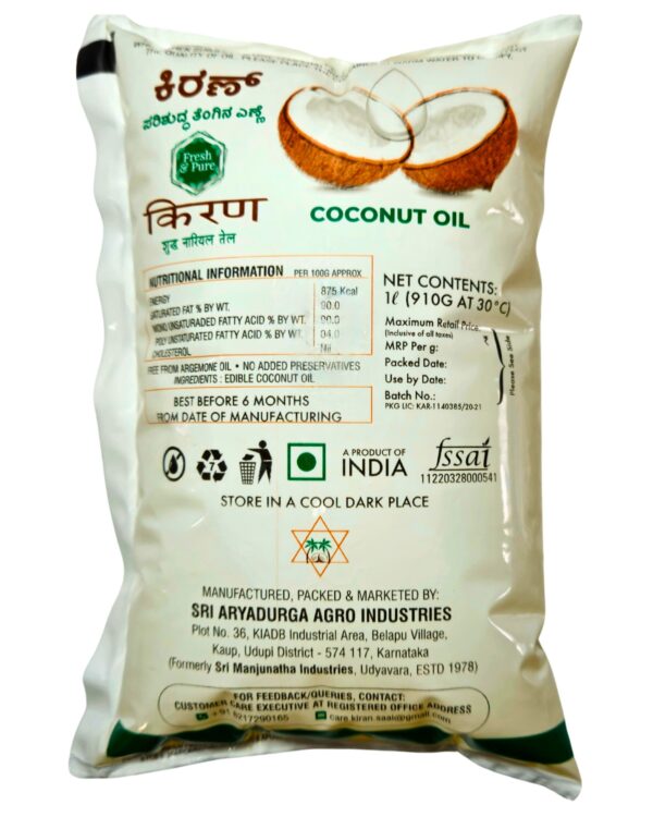 Kiran Coconut Oil Pouch 1L - Image 3